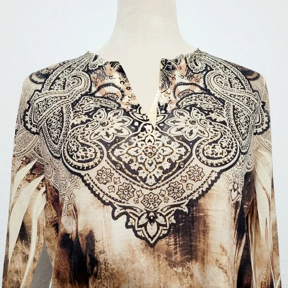 Chico's (1) Womans Tunic Top Jeweled/Beaded Brown Paisley Made In USA Size Small - Picture 3 of 13